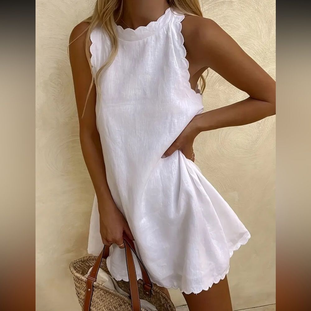 White Scallop-Edge Mini Dress - Women's Summer Casual